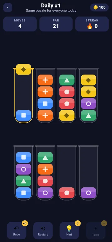 Pour Par gameplay: colored pieces with shapes in tubes